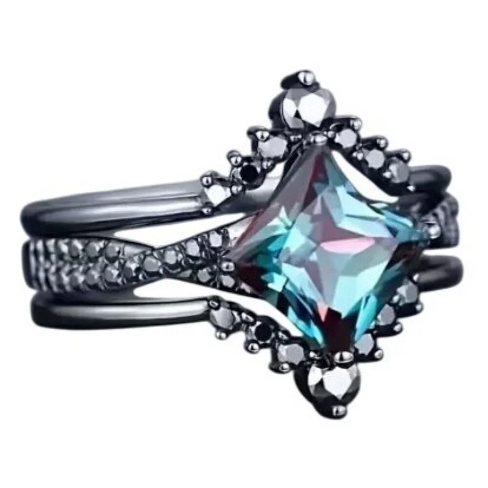 Princess Cut Alexandrite Engagement Wedding Ring Set with Moissanite in Rhodium